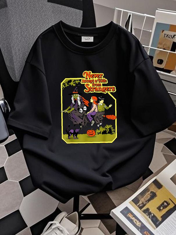 Never Accept A Ride From Strangers Funny Halloween Unisex T-Shirt Homme Breathable Versatile Designer Clothes Fashion Top For Everyday Wear_viptrois.com
