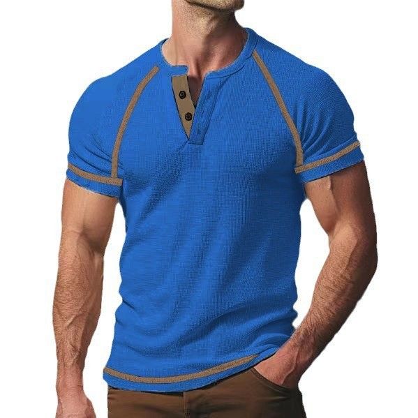 Men's New Waffle Henley T-Shirt Solid Color Vintage Insert Short Sleeve Top_viptrois.com