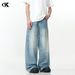 Men's Clothing Washed Blue Jeans For Men And Women Trendy And Versatile Loose And Casual Cleanfit Pants_viptrois.com
