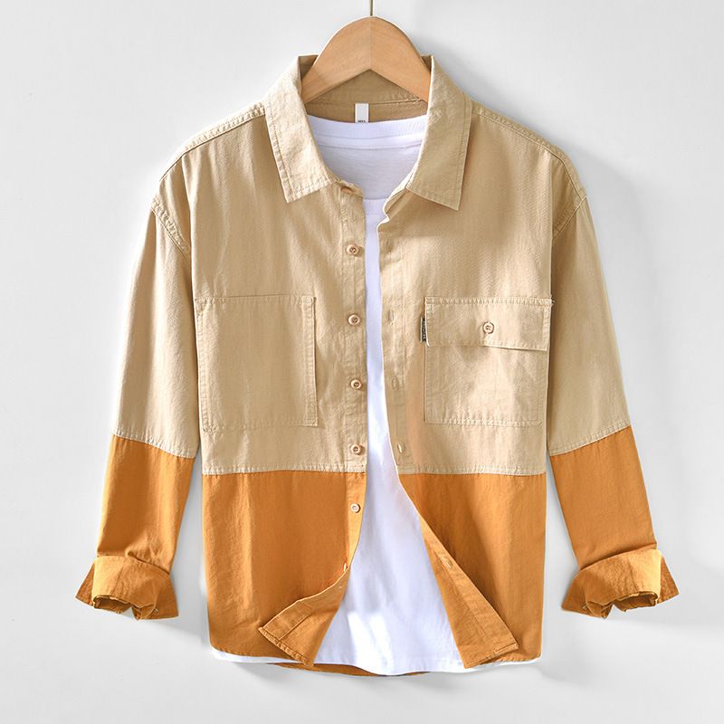 Autumn Pure Cotton Retro Color Blocked Workwear Shirt, Loose Casual Long Sleeved Shirt Jacket_viptrois.com