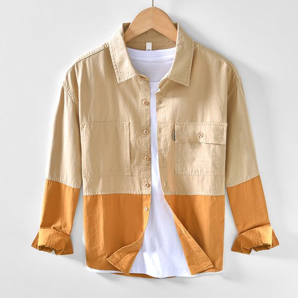 Autumn Pure Cotton Retro Color Blocked Workwear Shirt, Loose Casual Long Sleeved Shirt Jacket_viptrois.com