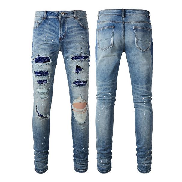 Men's Clothing ripped jeans high street fashion brand diamond jeans elastic slim fit pants_viptrois.com