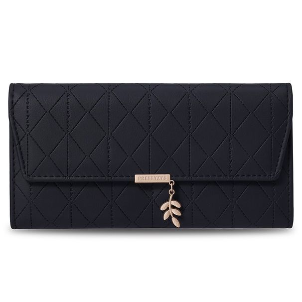 Wallet Card Cases Women's Wallet Long PU Plaid Large Capacity Ladies Three Fold Clutch Bag Leaf Pendant Wallet_viptrois.com