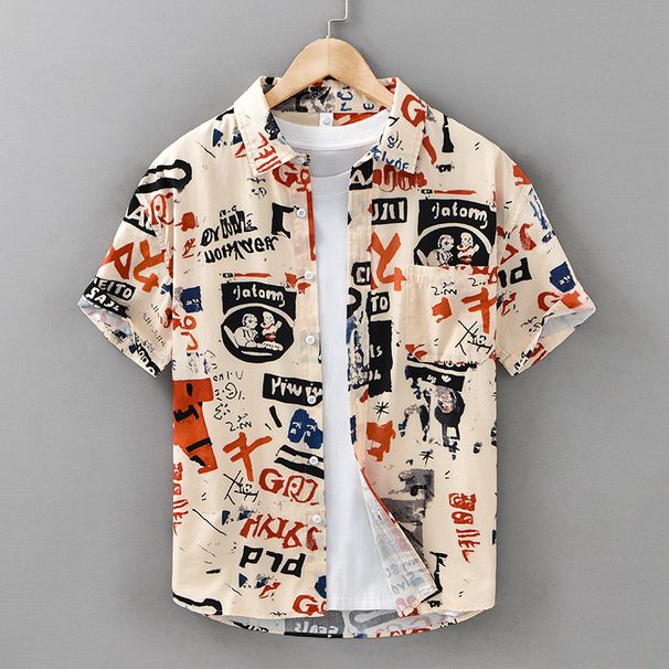 Personalized Graffiti Printed Short Sleeved Shirt For Men, Fashionable And Versatile Casual Shirt, Loose Summer Top_viptrois.com