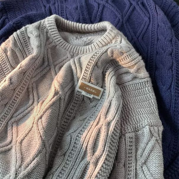 Spring And Autumn Versatile Cable Knit Sweater Men, Round Neck Pullover, Long Sleeve Trendy Casual Knitwear For Men_viptrois.com