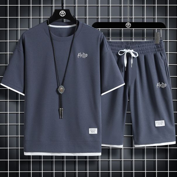 Men's Clothing Waffle Sports DSDD Casual Men's Suit With Hello Letter Print Loose Fitting Faux Two Piece Short Sleeved Shirt And Shorts_viptrois.com