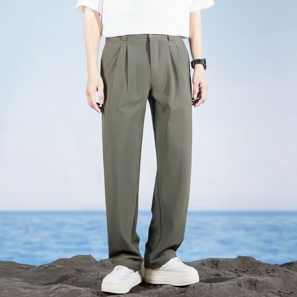 Men's Ice Silk Pants Summer Thin Loose Fit Straight Wide Leg Casual Long Dress Pants_viptrois.com