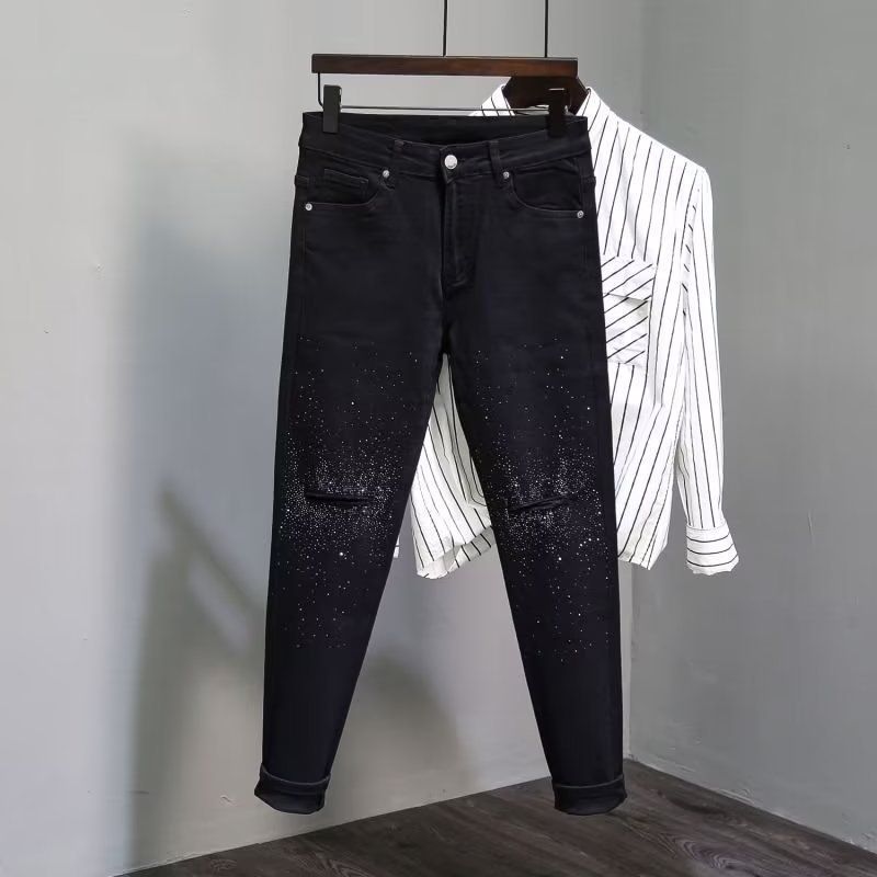 Men's Fashion Denim Trousers Personality Small Straight Leg_viptrois.com
