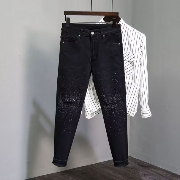 Men's Fashion Denim Trousers Personality Small Straight Leg_viptrois.com