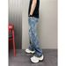 Men's Vintage Washed Denim Pants, Gradient Straight-Leg Jeans With Unique Curved Hem Design For Casual Wear_viptrois.com