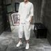 Men's Clothing Men's Cotton And Linen Embroidery Buttoned Large Size Cropped Pants Short Sleeved Suit Summer Linen Set_viptrois.com