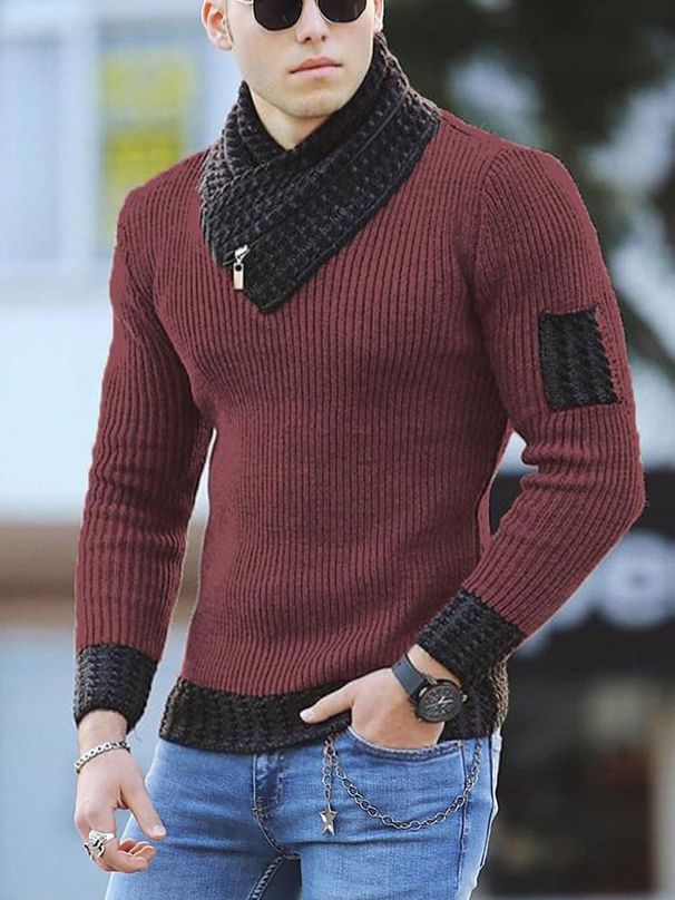 1 2023 New European And American Style Scarf Collar Knitted Pullover Long Sleeve Men's Patchwork Sweater Jacket_viptrois.com