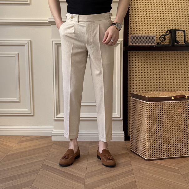 Men's Clothing Seersucker Trousers Men's High End Slim Casual Trousers Summer Trousers Handsome Suit Trousers_viptrois.com