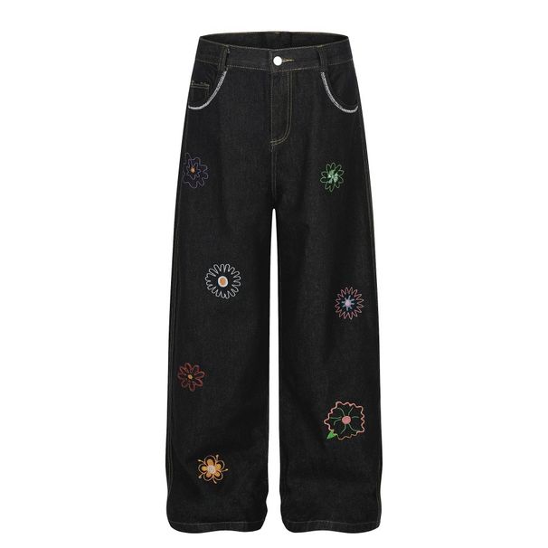 Design Sense Floral Embroidery Straight-Leg Jeans Men's High Street Trendy Fashion Niche Loose Casual Pants Personality_viptrois.com