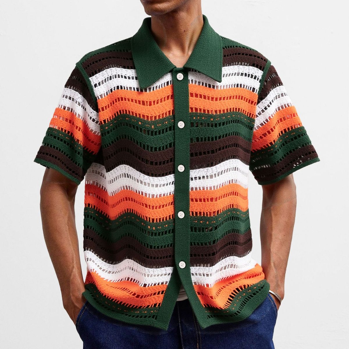 Men's Clothing Retro Striped Hollow Hook Polo Shirt Summer New Lapel Sweater_viptrois.com