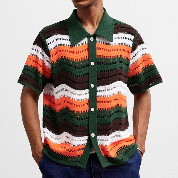 Men's Clothing Retro Striped Hollow Hook Polo Shirt Summer New Lapel Sweater_viptrois.com