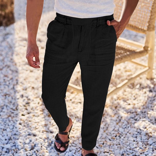 Men's Clothing New Cotton And Linen Loose Trousers Men's Straight Solid Color Casual Drawstring Trousers Men_viptrois.com