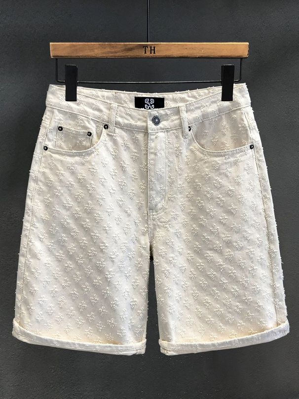 Men's Clothing High Street Jacquard Ripped Summer Loose Straight Retro Five Point Denim Shorts_viptrois.com