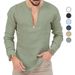Men's Clothing men's spring and summer large size casual tropical cotton and linen deep v neck solid color large size long sleeved T shirt shirt_viptrois.com
