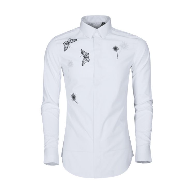 Dandelion & Butterfly Print Long Sleeve Casual Shirt Cotton White Shirt Collar Inelastic Regular Fit Single Breasted Workwear_viptrois.com