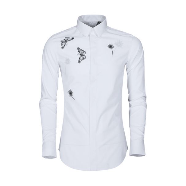 Dandelion & Butterfly Print Long Sleeve Casual Shirt Cotton White Shirt Collar Inelastic Regular Fit Single Breasted Workwear_viptrois.com