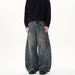 Men's Clothing Retro Distressed Rubbed Color Exposed Stitching Scimitar Jeans For Men And Women New Loose Straight Washed Pants_viptrois.com