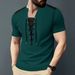 Men's Waffle Casual Color Matching Drawstring Round Neck Short Sleeved T Shirt Top_viptrois.com