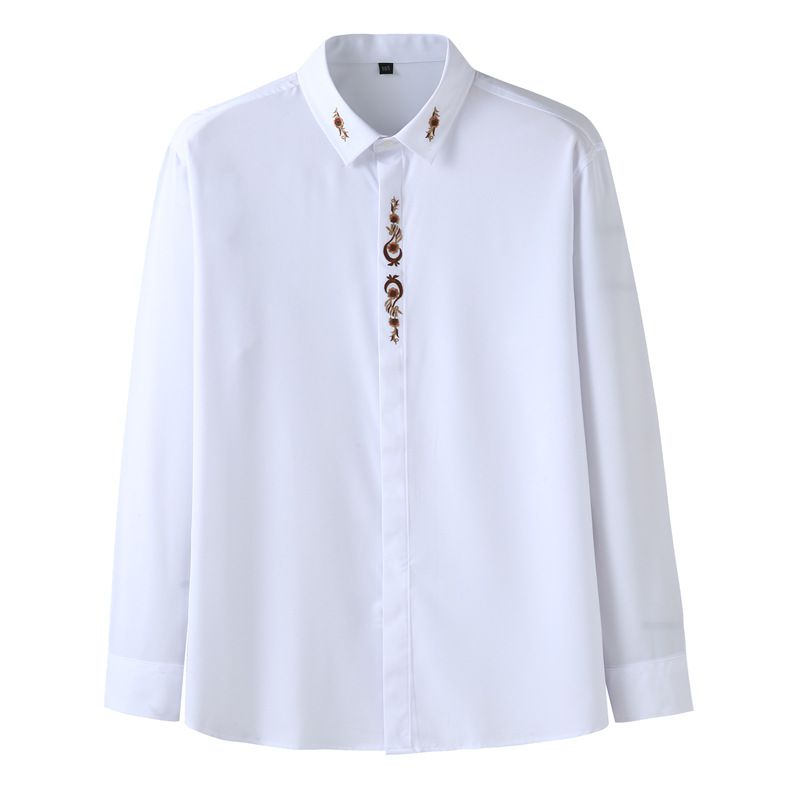 Men's Clothing Plus Size Long Sleeve Shirt Men's Spring And Autumn Plus Size Business Casual Personality Embroidered Shirt Fat Guy Shirt_viptrois.com