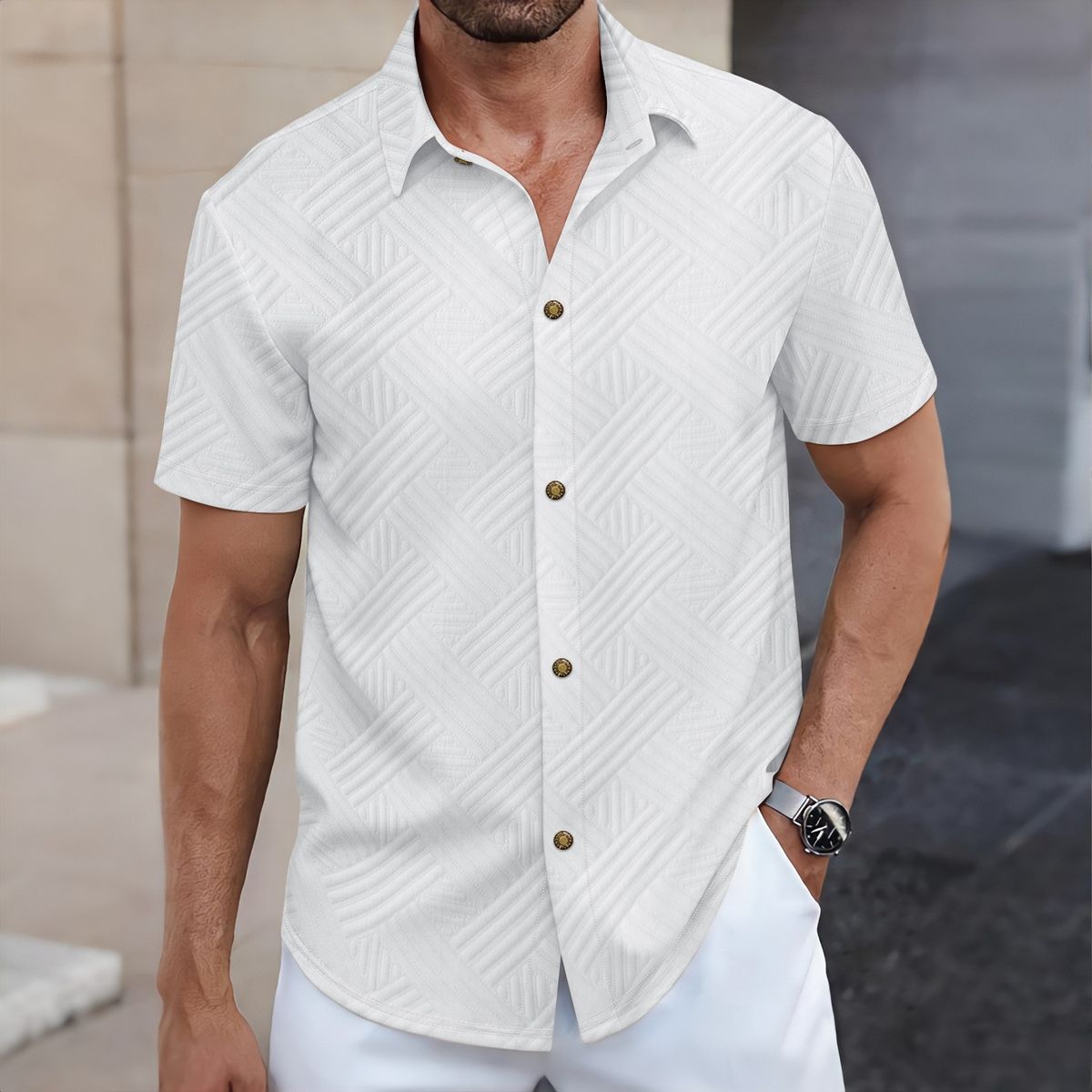 Men's Spring Solid Jacquard Short-Sleeve Shirt Classic Button-Up Open-Front Casual Top (Cotton Blend,Breathable Fabric, Lightweight & Versatile)_viptrois.com