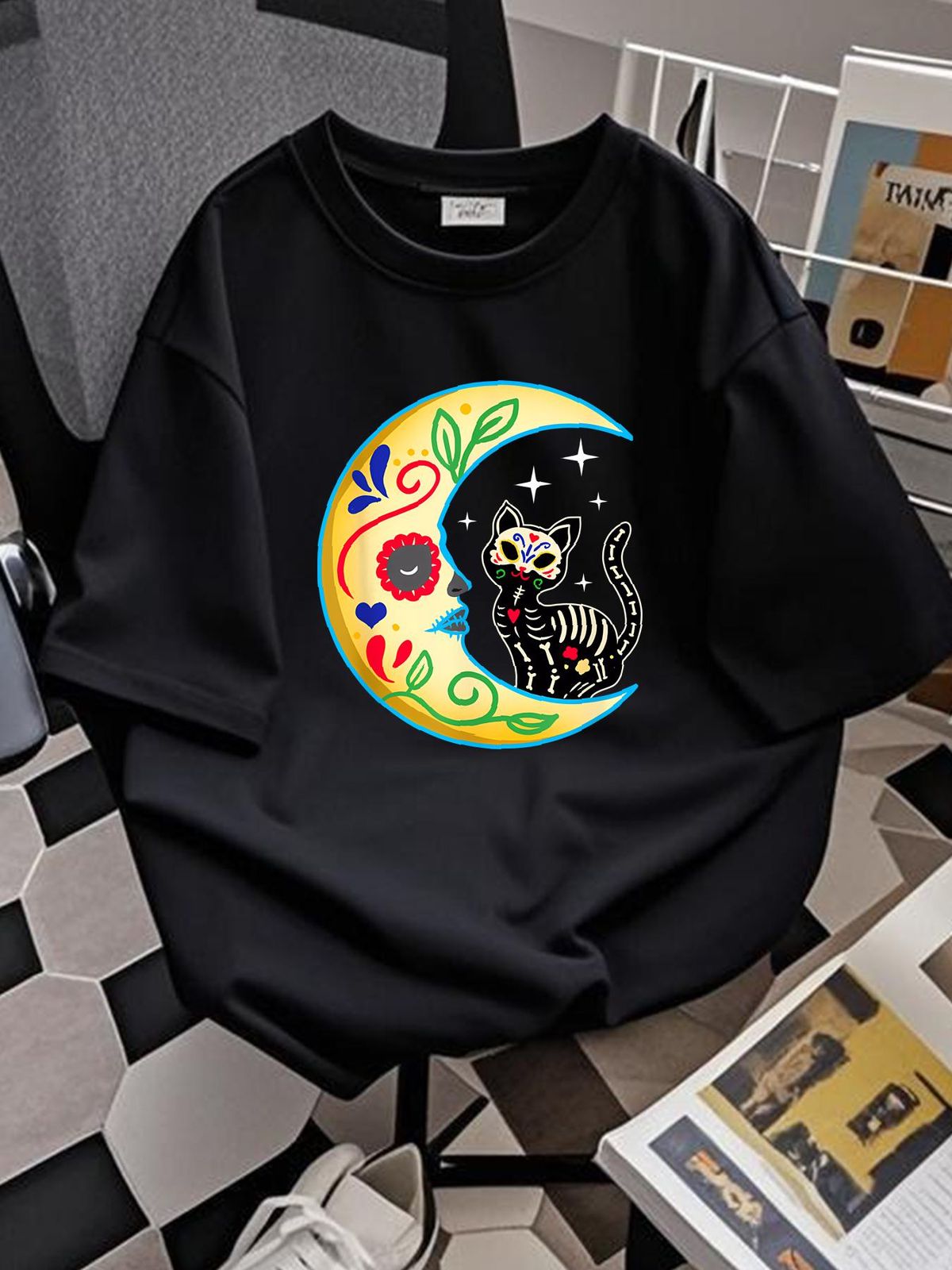 Cat & Moon Sugar Skull Dia De Los Muertos, Day Of The Dead T Shirt Size S-5XL Comfortable Streetwear Versatile Homme Breathable Stretched Fashion_viptrois.com