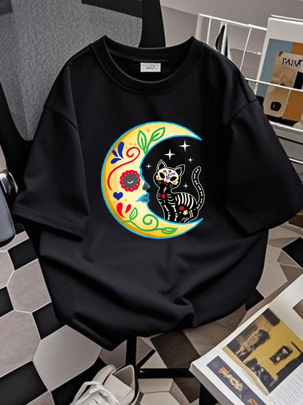 Cat & Moon Sugar Skull Dia De Los Muertos, Day Of The Dead T Shirt Size S-5XL Comfortable Streetwear Versatile Homme Breathable Stretched Fashion_viptrois.com