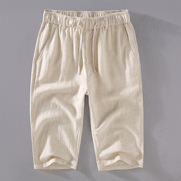 Summer Straight Leg Ramie Cropped Pants For Men, Thin Breathable, Cotton And Linen Loose Casual Shorts, Trendy Shorts_viptrois.com