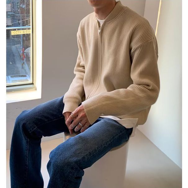 Men's Clothing Autumn And Winter Sweater Knitted Coat Slim-Fit Knit Cardigan – Solid Color Autumn & Winter Sweater Jacket (Black, Beige, Gray, Khaki)_viptrois.com
