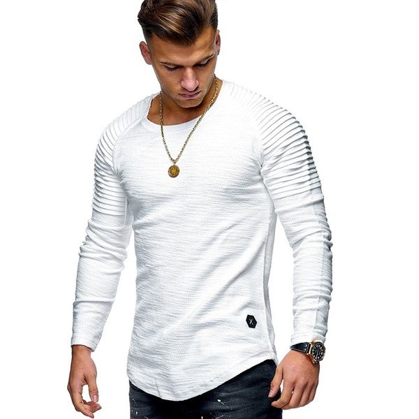 2025 Men's Casual Tops Summer Long Sleeve T-shirt Solid Color Fold Round Neck Clothes Men's T-shirt_viptrois.com