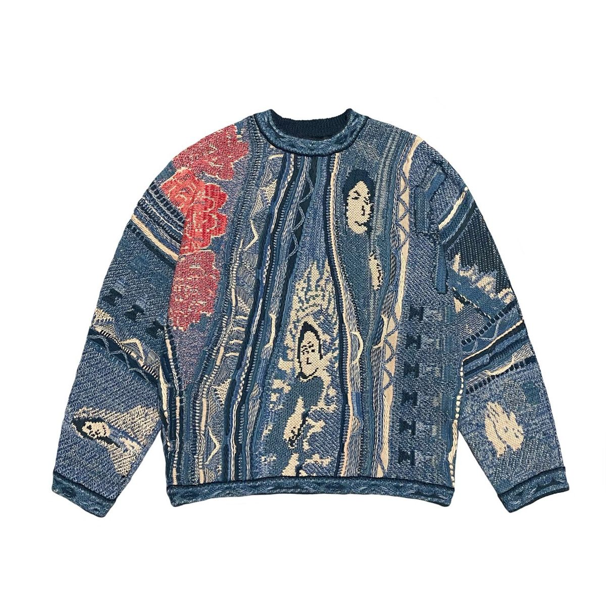 Vintage Contrast Ethnic Style Portrait Knitted Round Neck Pullover Sweater Jacquard Large Size_viptrois.com
