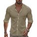 Men's Casual Long Sleeved Shirt Solid Color Lapel Button Down Cotton Beach Top Style New_viptrois.com