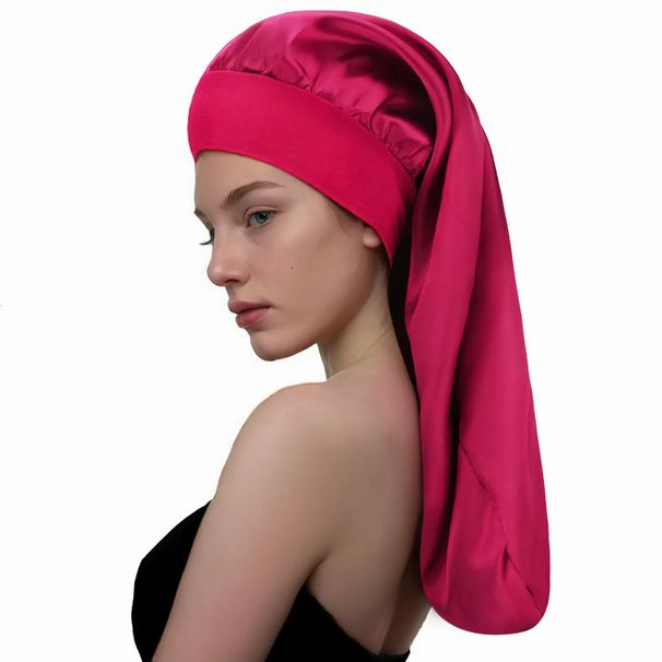 Elastic long tube sleeping cap with large wide brim satin hair care cap beauty makeup cap solid color headscarf_viptrois.com