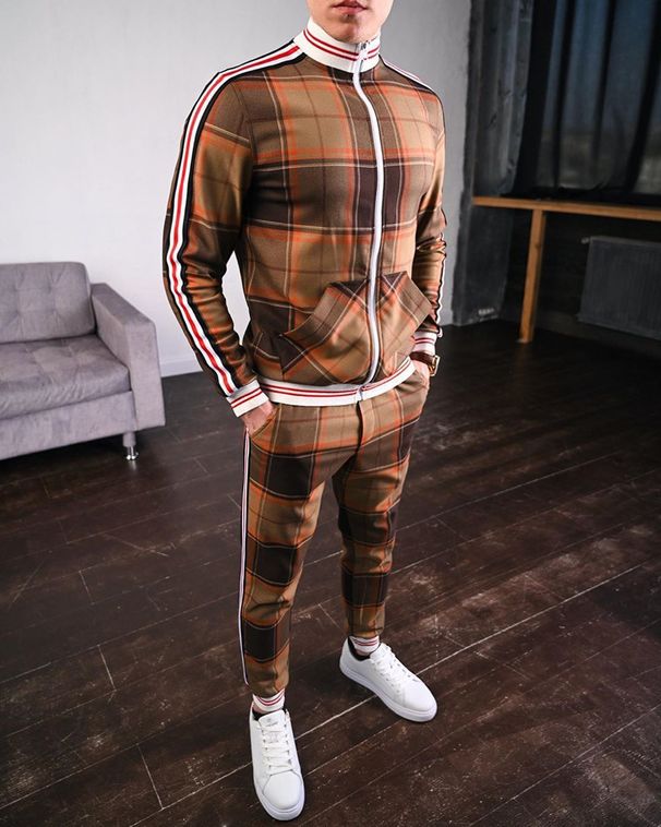 European and American striped sports casual suit men's large size slim sports trousers jacket two-piece set spring and autumn_viptrois.com