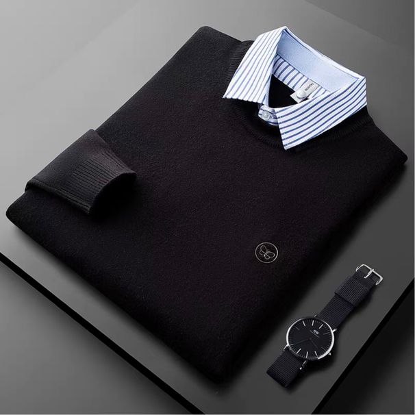 Men's Clothing Thin Striped Shirt Collar Splicing Two Piece White Sweater Men's Slim Business Casual Sweater_viptrois.com