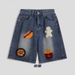 Men's Summer Thin Loose Denim Shorts High Street Style American Trendy And Cool Five Point Embroidery with Hamburger Fries Towel_viptrois.com