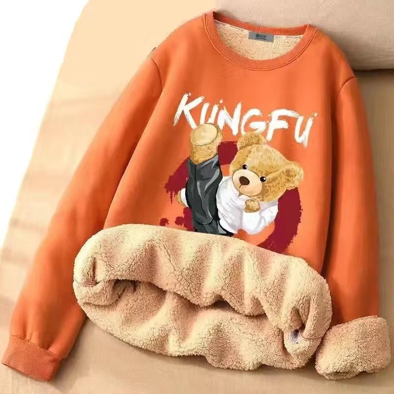 Men's Clothing Lambskin Round Neck Sweatshirt With Trendy Print And Velvet For Teenagers, Winter Warm Long Sleeved Jacket Top_viptrois.com