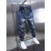 Trendy Retro Color Blocked Jeans For Men, Autumn And Winter Style, Drawstring, Slim Straight Leg, Tapered Harem Carrot Pants_viptrois.com
