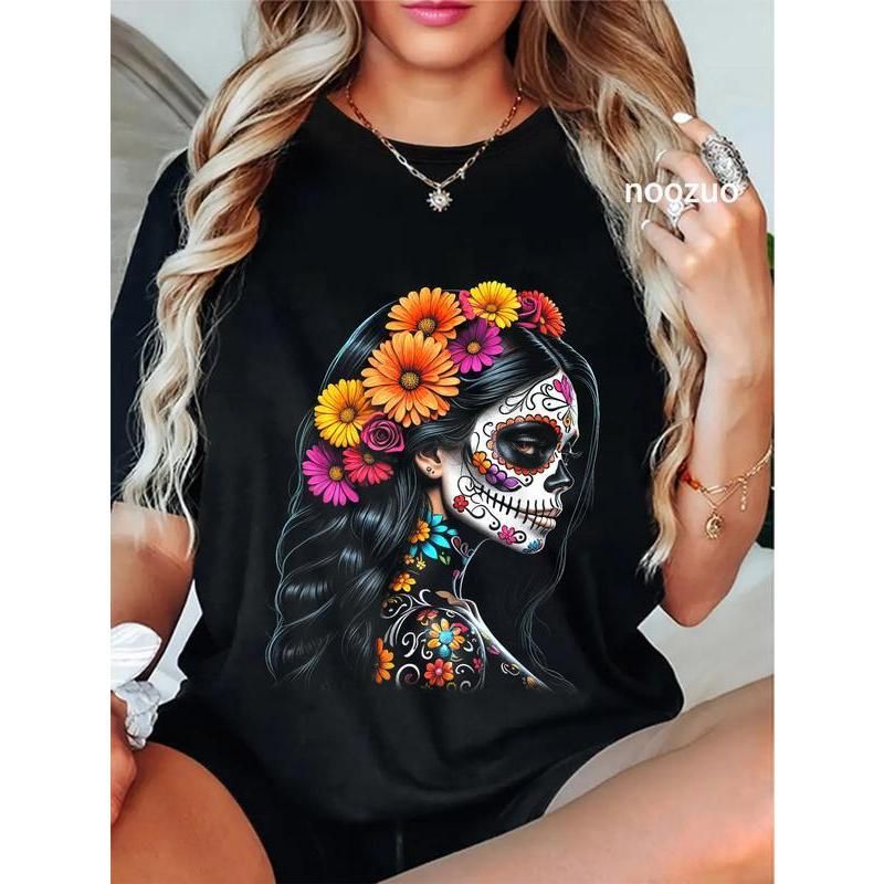 100% De Los La Catrina Día Los Muertos Mujer Con Gráfico Calavera Azúcar Camiseta De Algodón Unisex Cuello Redondo Blusa_viptrois.com