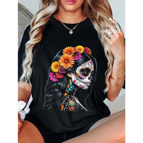 100% De Los La Catrina Día Los Muertos Mujer Con Gráfico Calavera Azúcar Camiseta De Algodón Unisex Cuello Redondo Blusa_viptrois.com