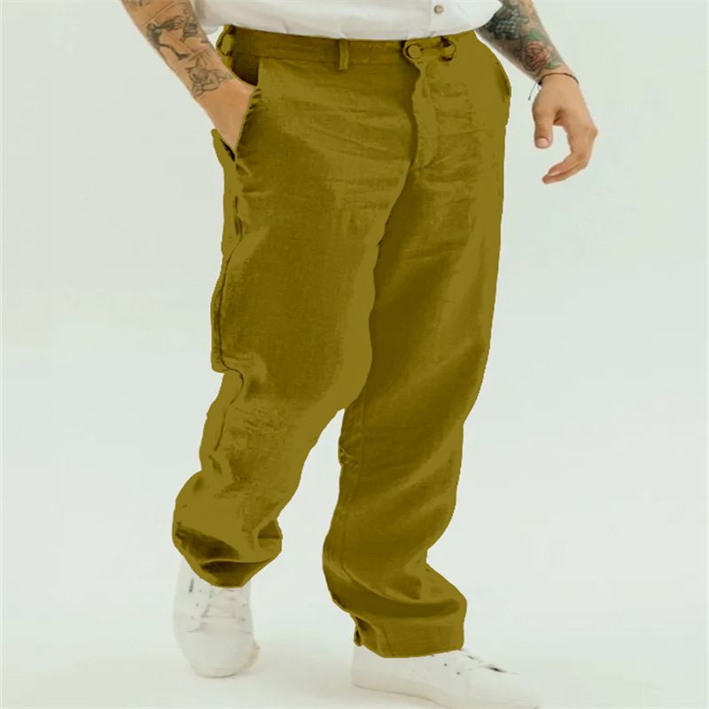 Men's Clothing Men's Breathable Linen Fashionable Loose Mid Waist Loose Straight Casual Trousers_viptrois.com