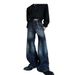 Slub Texture Curved Hem Denim Jeans Unisex Straight Leg Vintage Washed Distressed Casual Pants Unisex Straight Leg Cut_viptrois.com