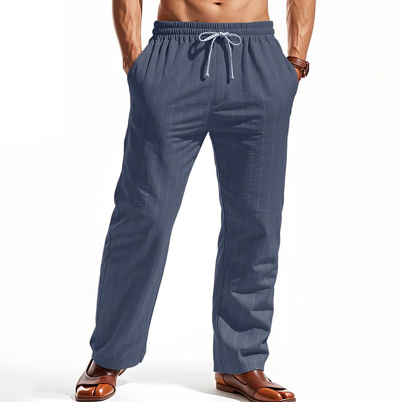 Men's Clothing Linen Summer Trousers Beach Pants Drawstring Vertical Stripes Straight Breathable Casual Trousers Men's Trousers_viptrois.com