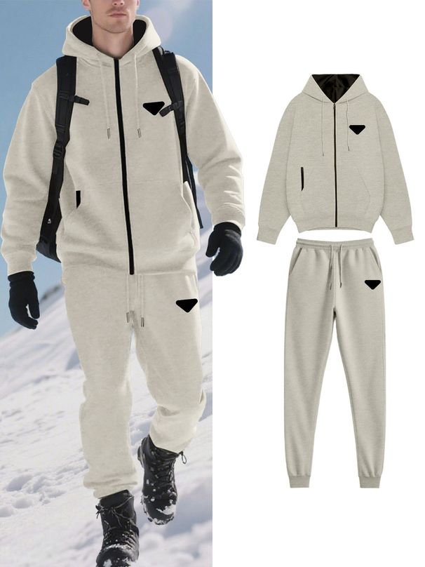 Men's Clothing Men's Solid Color Silicone Black Triangle Hooded Fleece Cardigan Sweatshirt Jacket With Fleece Trousers Set_viptrois.com