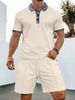 Men's Waffle Knit Short Sleeve Shirt & Shorts Set - Lapel Collar With Zipper Detail, Solid Color Casual Outfit_viptrois.com