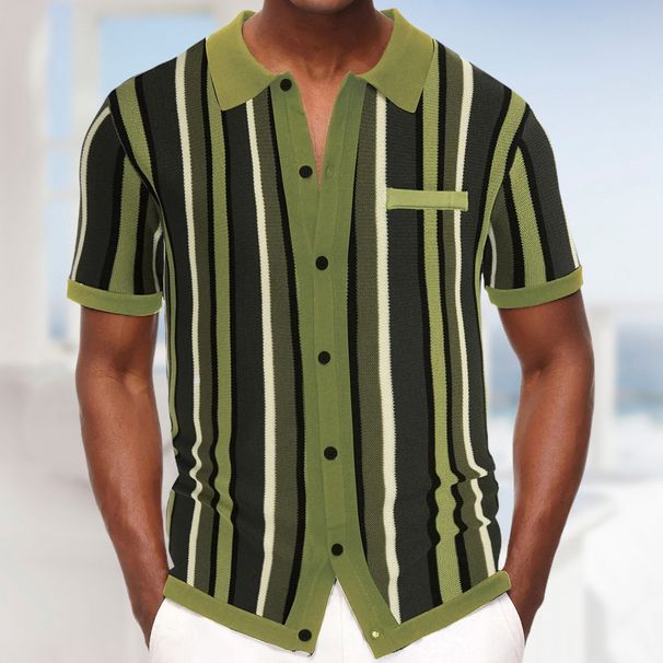 New Men's Summer Cardigan Knitted T-shirt Short Sleeved Lapel Stripe Casual Polo Shirt For Men SY0110_viptrois.com